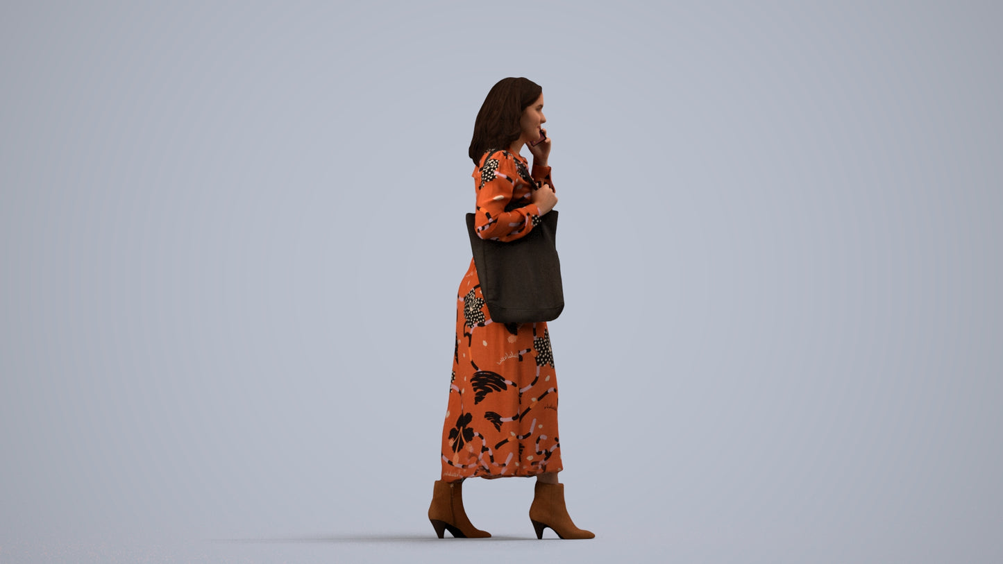 3D human model woman casual walking, photogrammetry scanned person for archviz, side view render