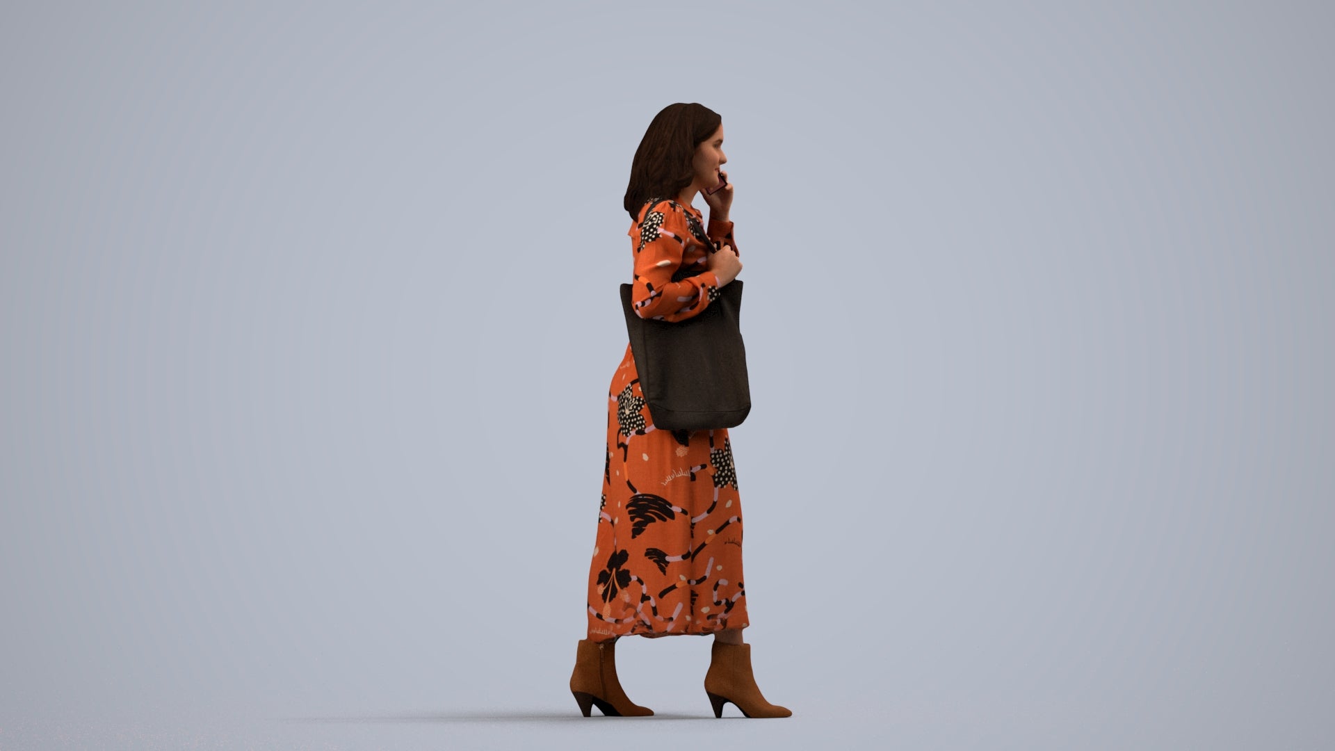 3D human model woman casual walking, photogrammetry scanned person for archviz, side view render