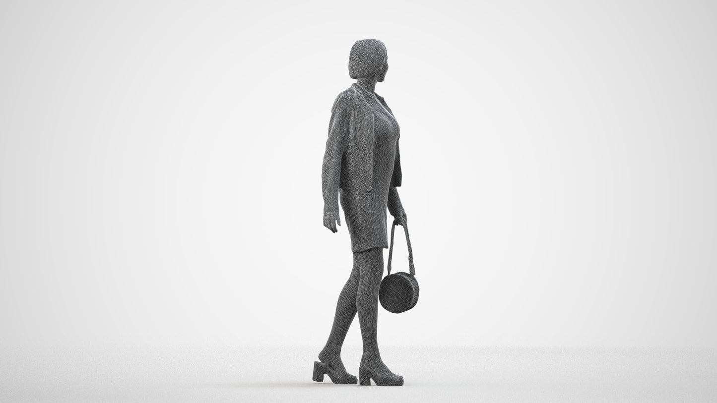 3D scanned woman walking casual, photorealistic archviz people for Enscape and SketchUp, wireframe side view