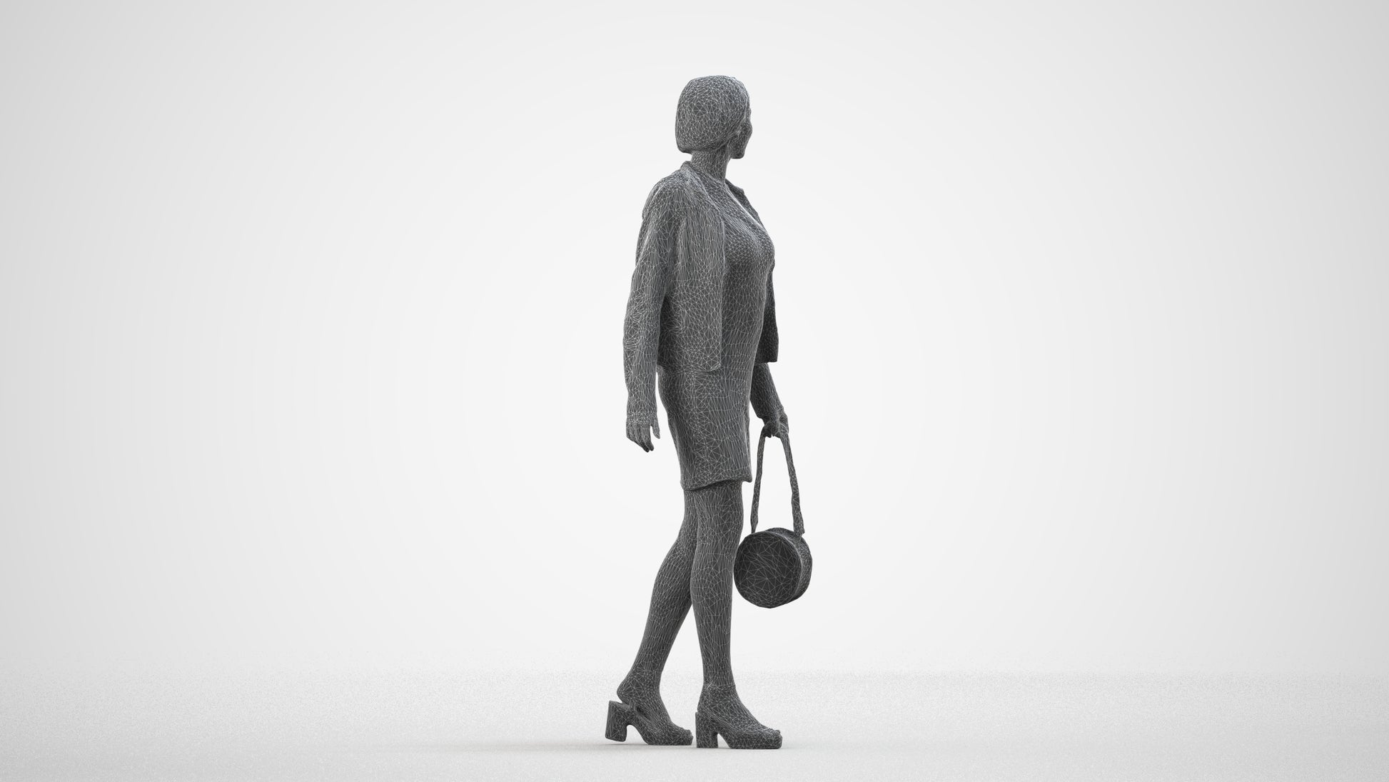 3D scanned woman walking casual, photorealistic archviz people for Enscape and SketchUp, wireframe side view