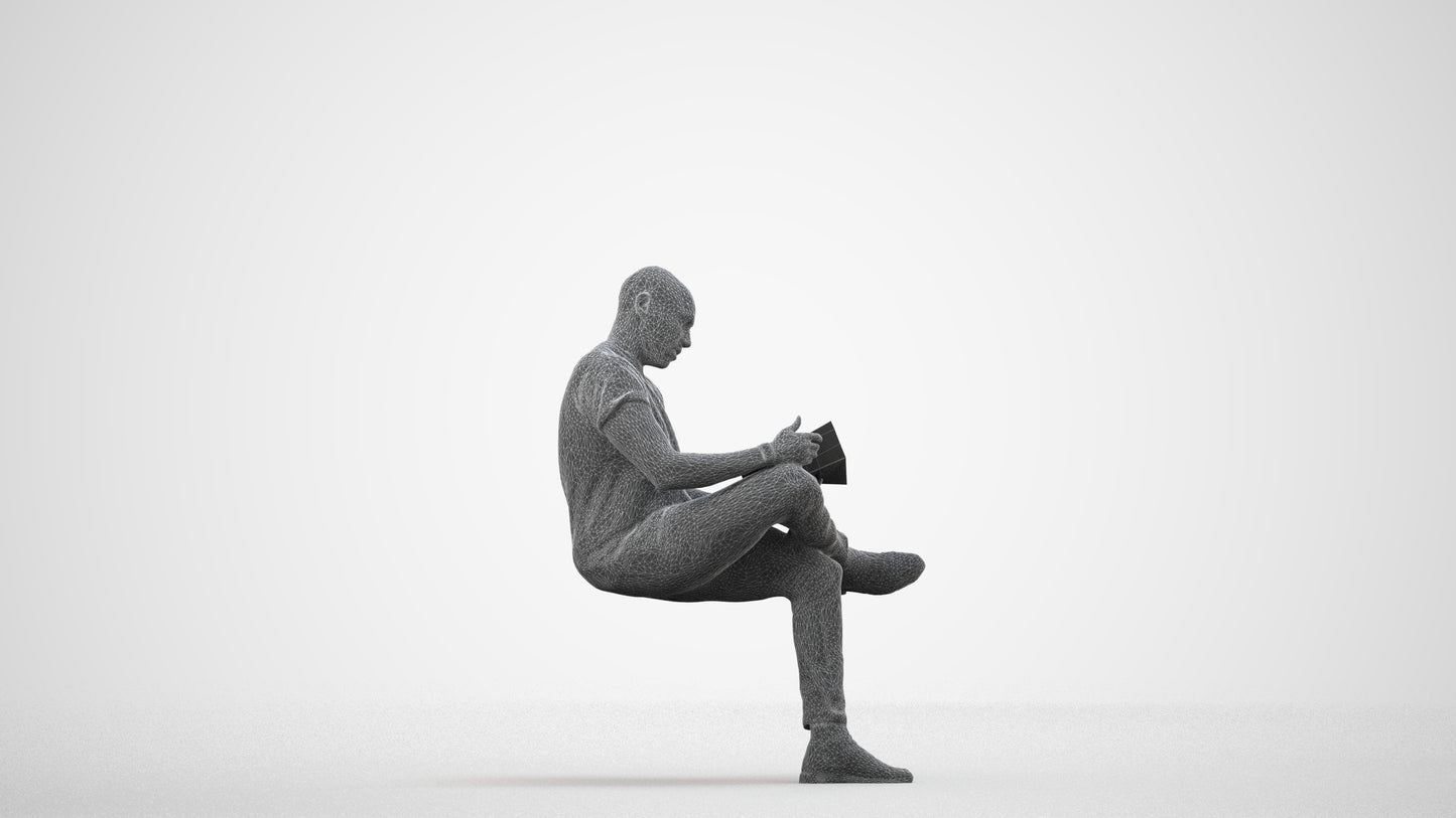 realistic 3D people man casual sitting, render-ready for V-Ray and Corona, FBX OBJ, wireframe side view