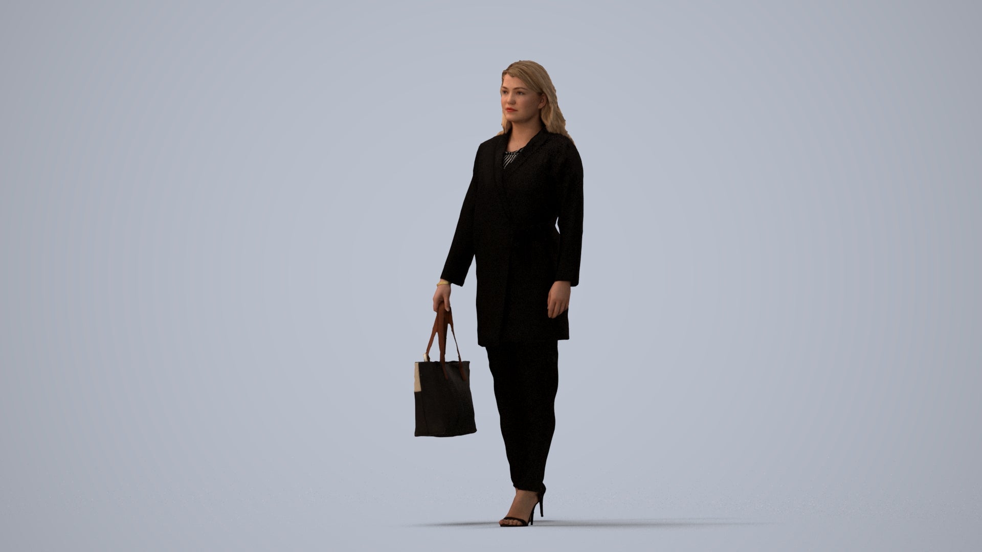 realistic 3D woman casual walking, scanned archviz people for Blender and 3ds Max, three-quarter view render