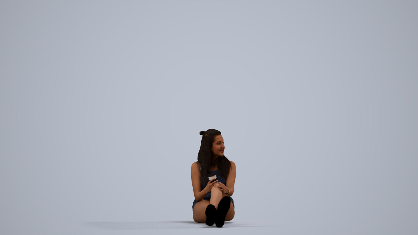 scanned 3D woman casual sitting, photogrammetry people for Enscape and V-Ray, side view render