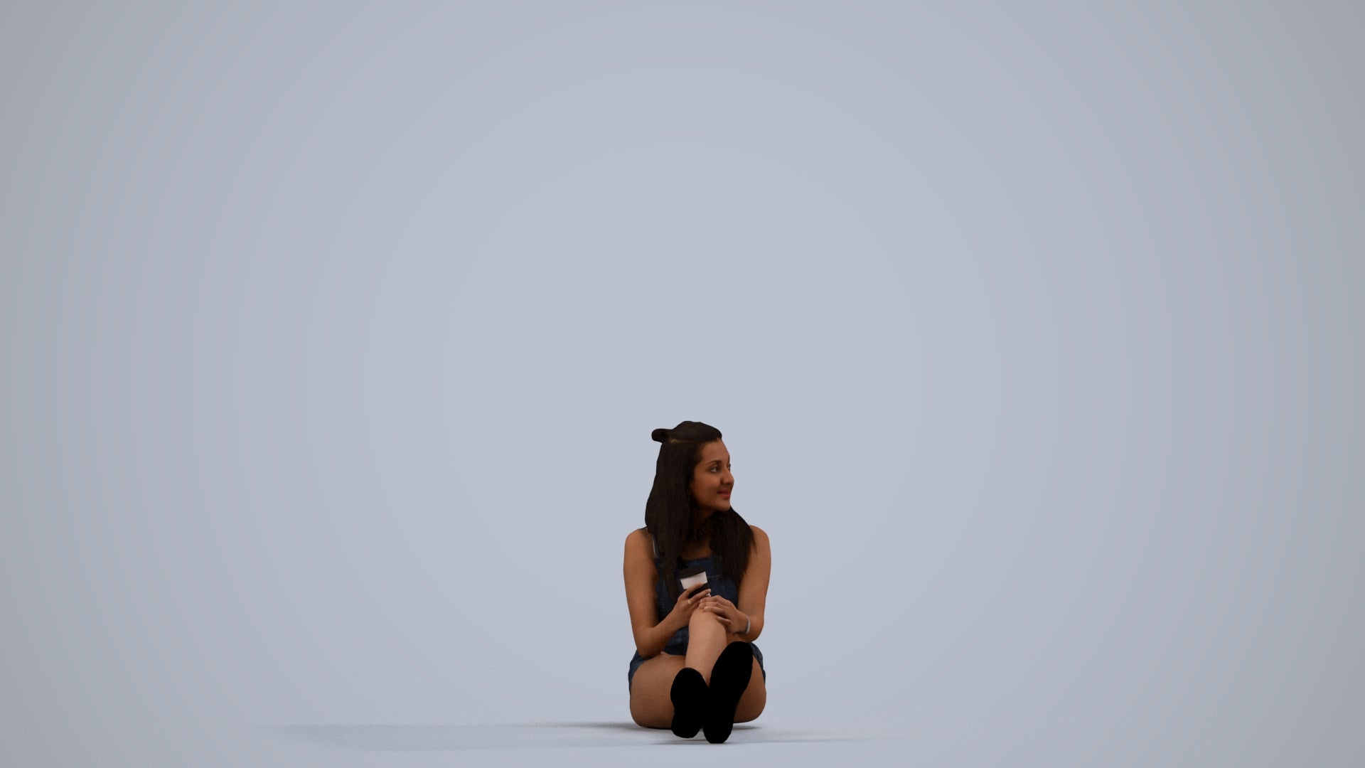 scanned 3D woman casual sitting, photogrammetry people for Enscape and V-Ray, side view render
