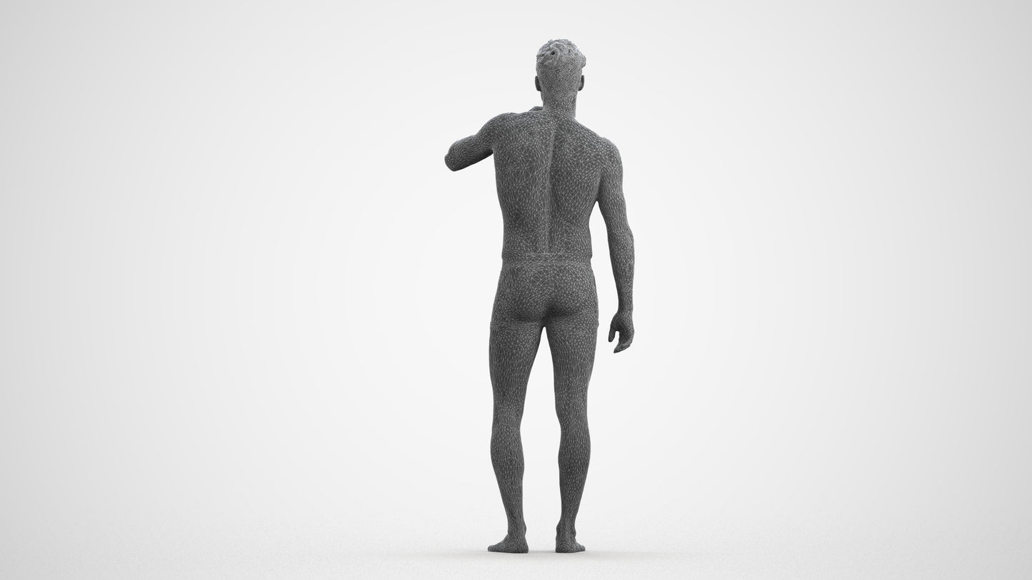 3D human model man bathroom, photogrammetry scanned person for archviz, wireframe front view