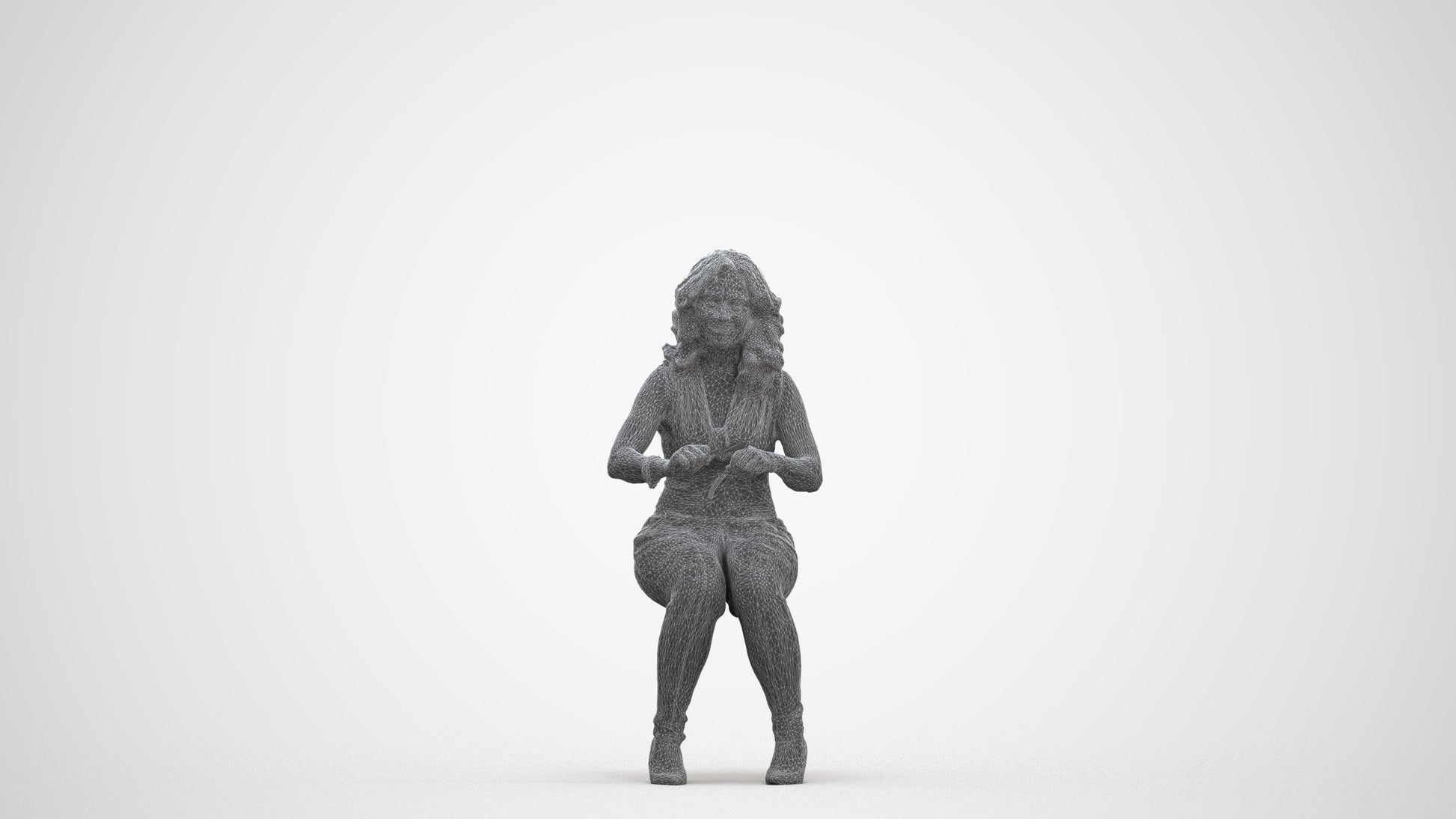 3D human model woman casual sitting, photogrammetry scanned person for archviz, three-quarter front view render