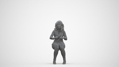 3D human model woman casual sitting, photogrammetry scanned person for archviz, three-quarter front view render