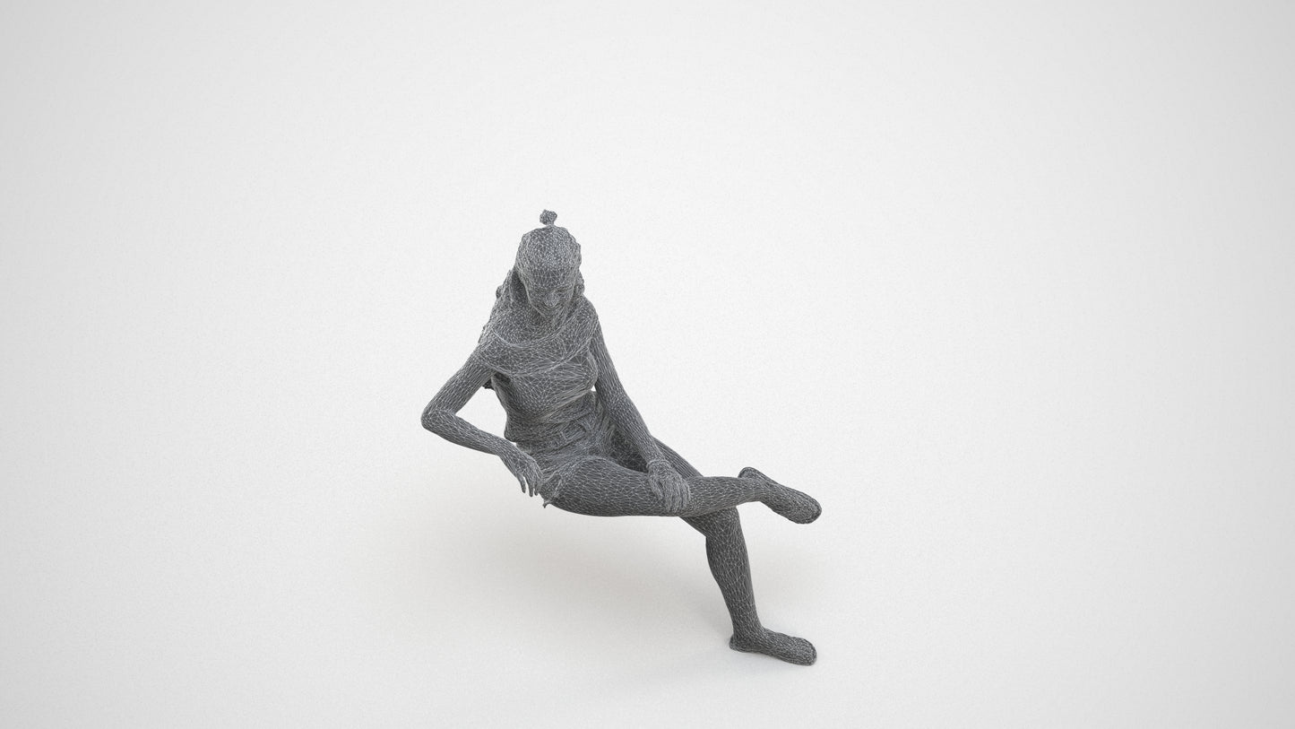 3D people model girl casual sitting, scanned human for 3ds Max rendering, wireframe three-quarter view
