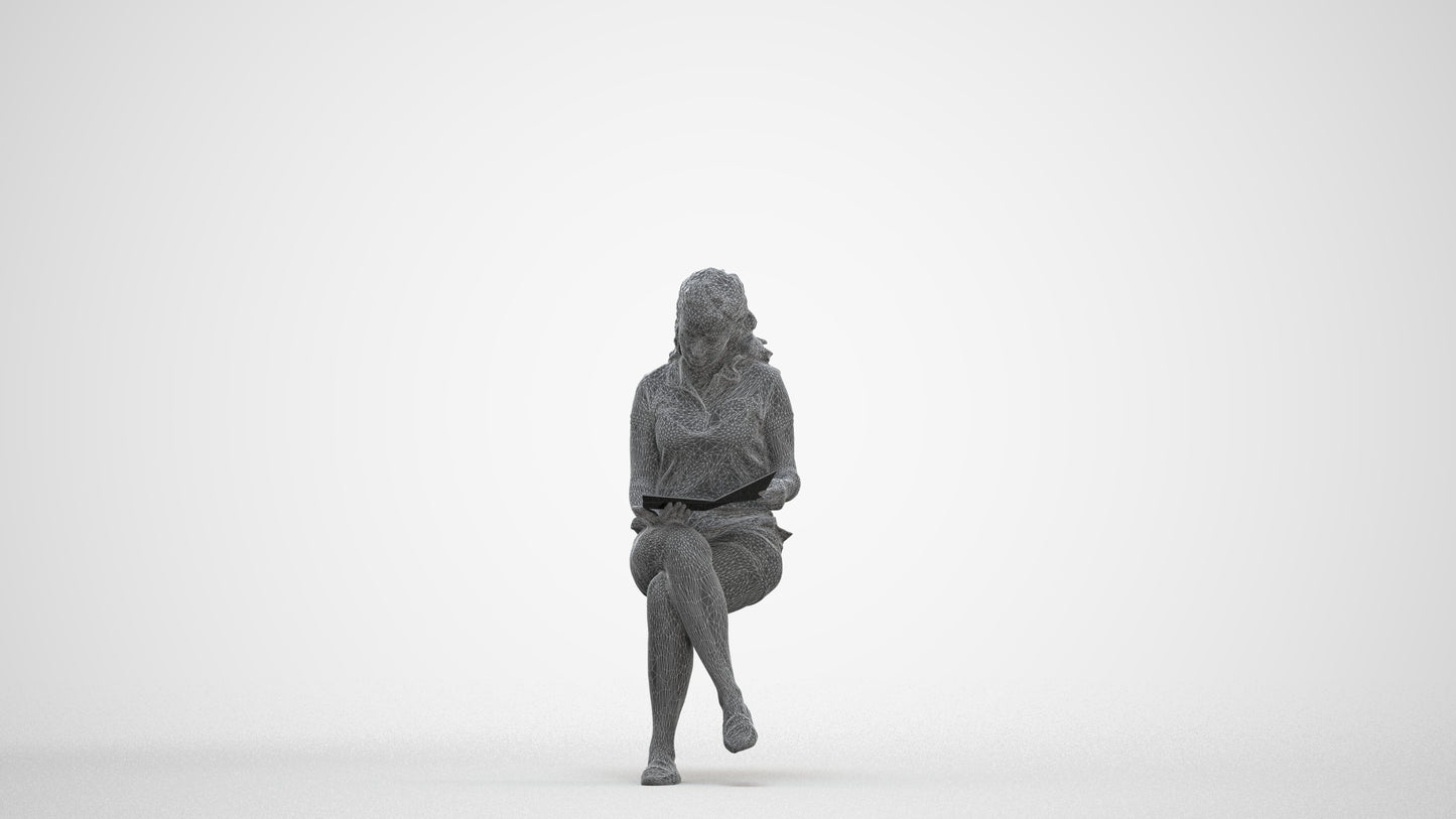 3D human model woman casual sitting, photogrammetry scanned person for archviz, three-quarter front view render