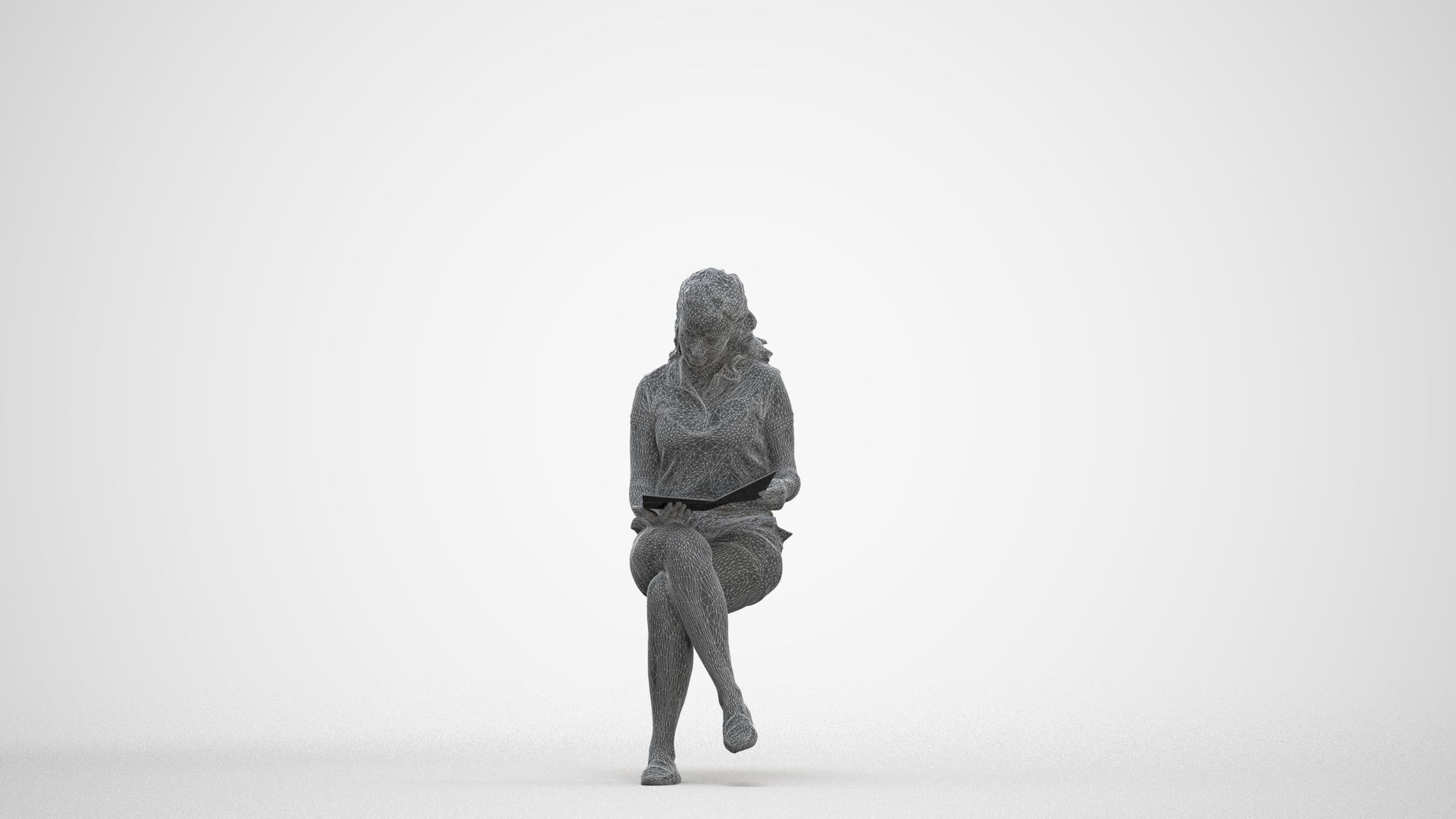 3D human model woman casual sitting, photogrammetry scanned person for archviz, three-quarter front view render