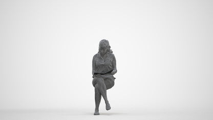 3D human model woman casual sitting, photogrammetry scanned person for archviz, three-quarter front view render