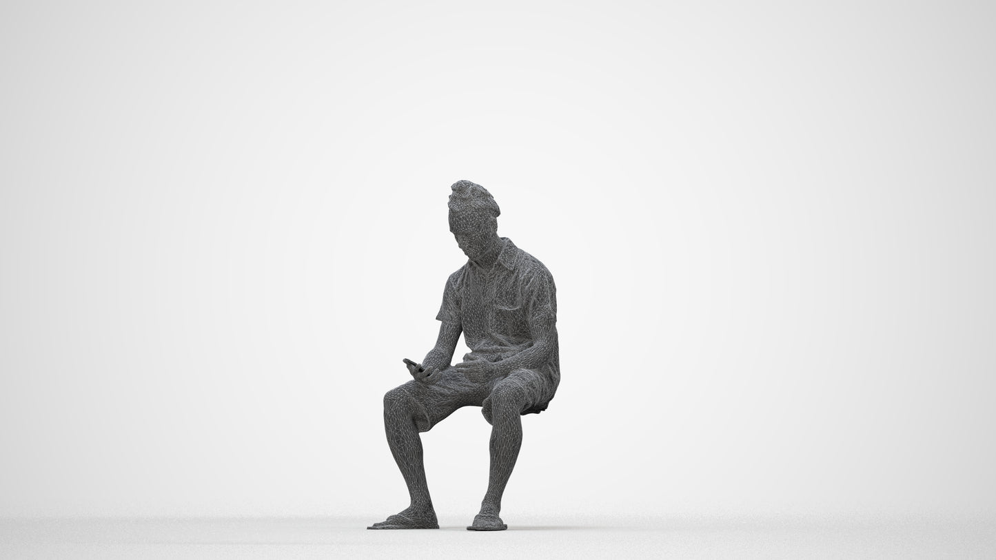 realistic 3D people man casual sitting, render-ready for V-Ray and Corona, FBX OBJ, wireframe back view