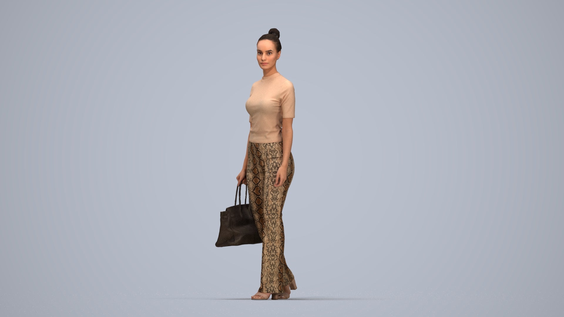 realistic 3D human woman casual walking, archviz people FBX OBJ for Blender, top-down view render