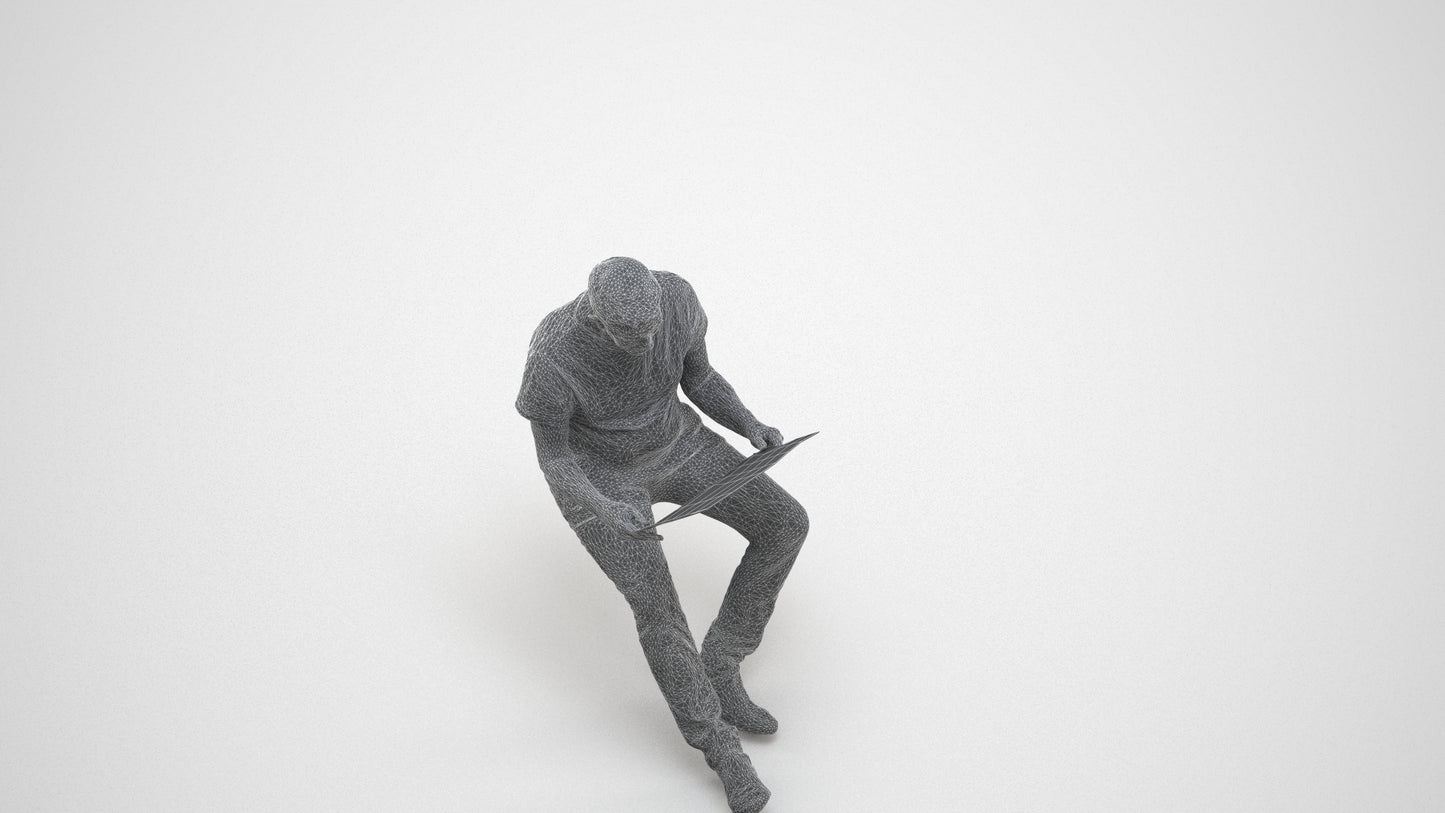 realistic 3D people senior man casual sitting, render-ready for V-Ray and Corona, FBX OBJ, wireframe three-quarter view