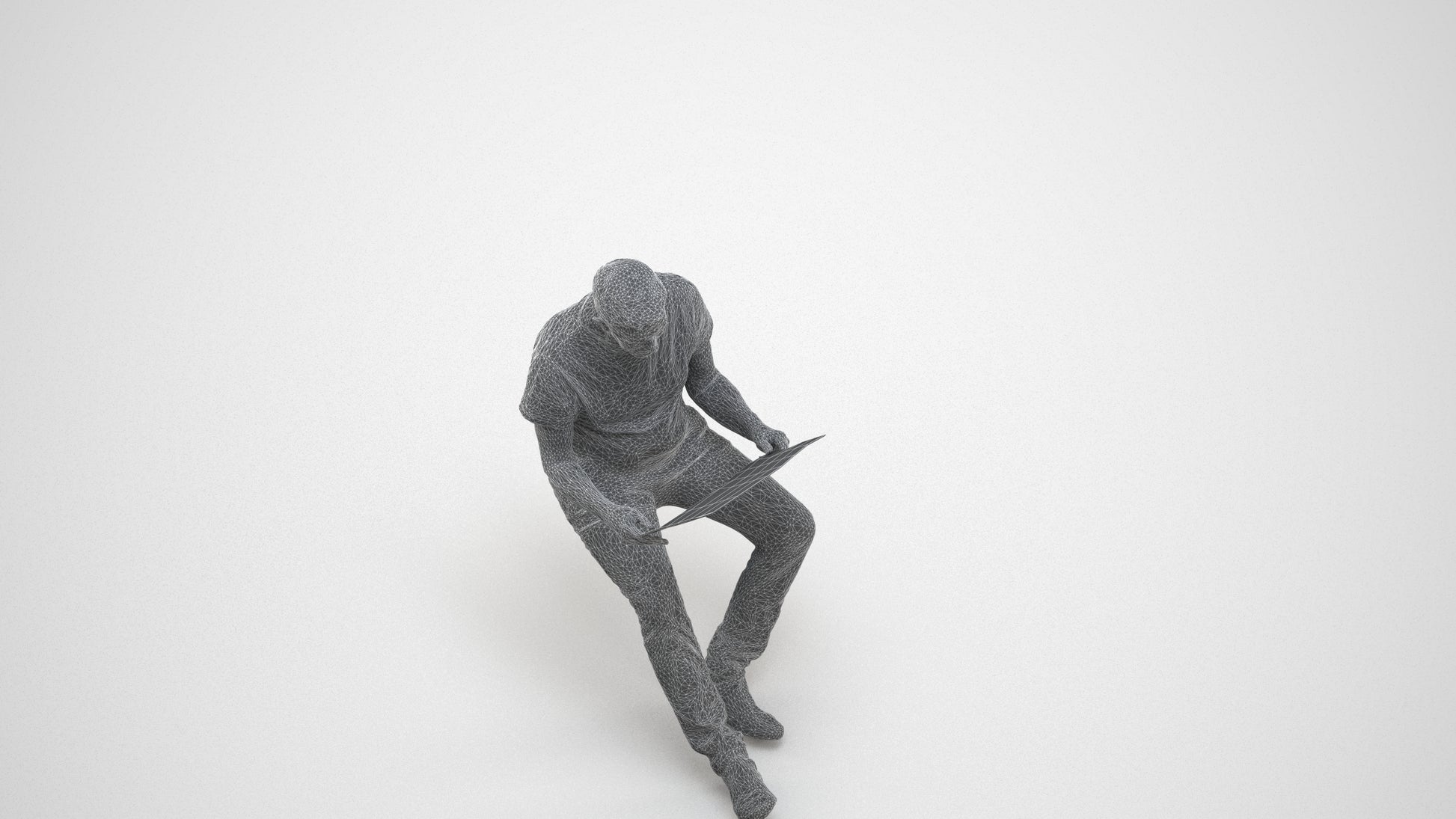 realistic 3D people senior man casual sitting, render-ready for V-Ray and Corona, FBX OBJ, wireframe three-quarter view