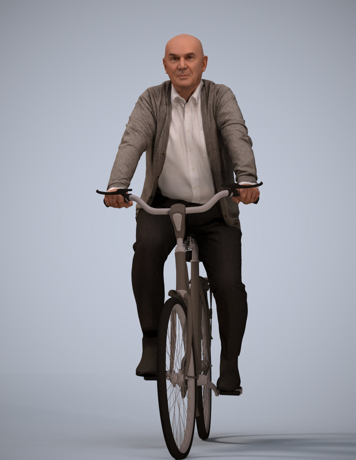 3D human model senior man business cycling, photogrammetry scanned person for archviz