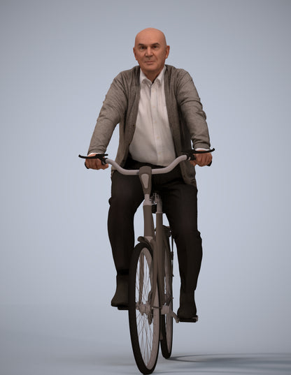 3D human model senior man business cycling, photogrammetry scanned person for archviz