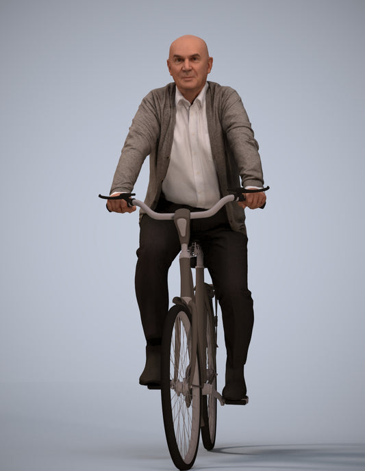 3D human model senior man business cycling, photogrammetry scanned person for archviz