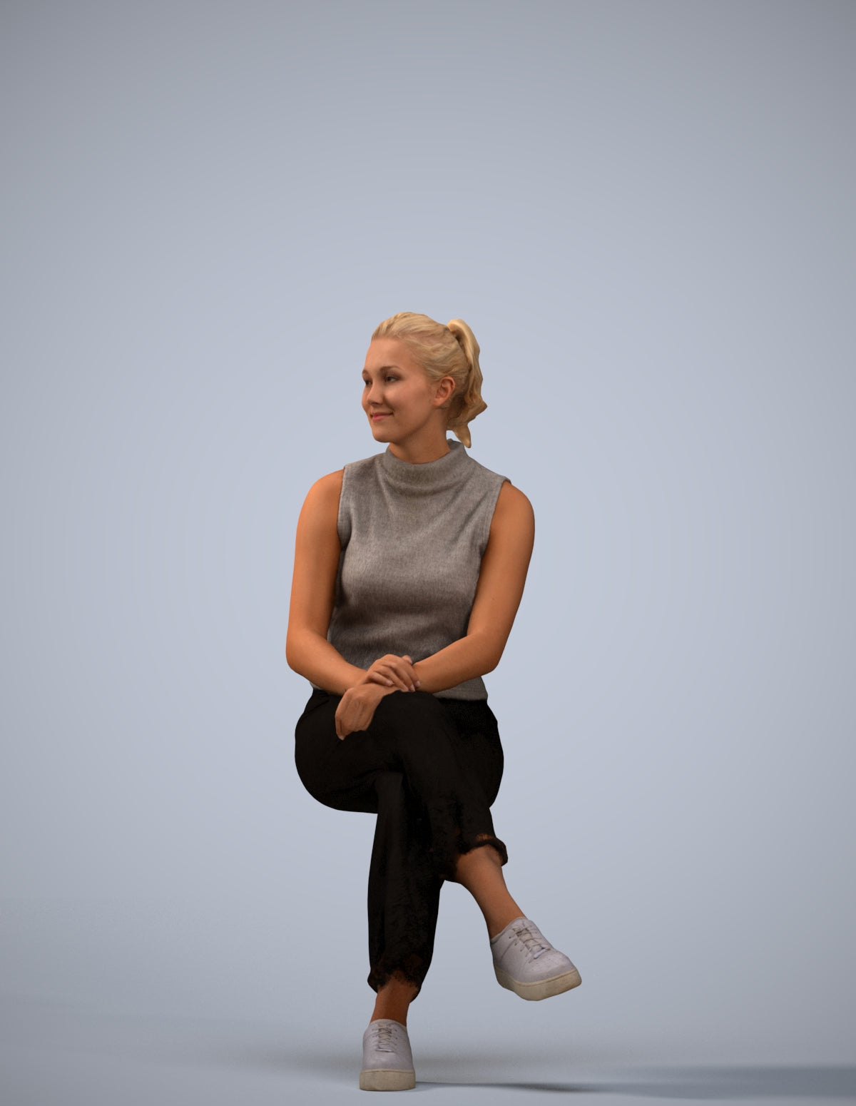 realistic 3D woman casual sitting, scanned archviz people for Blender and 3ds Max