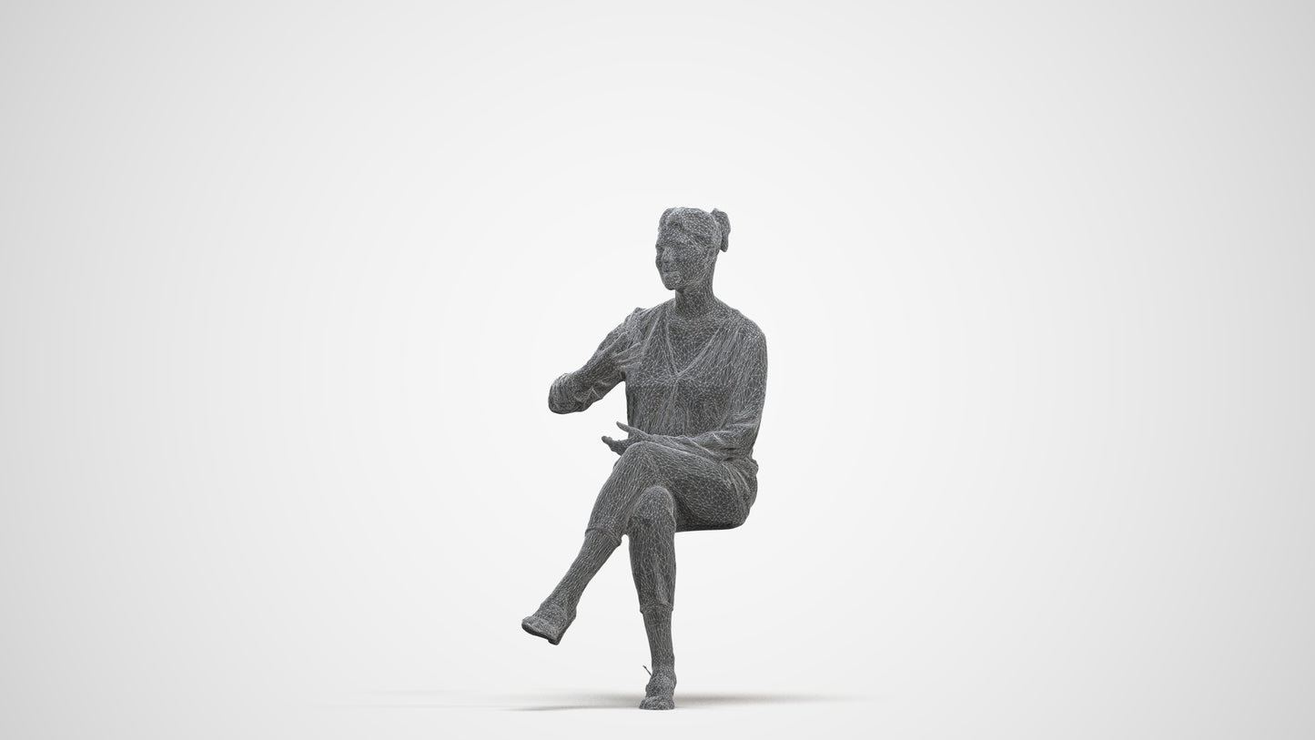3D human model woman casual sitting, photogrammetry scanned person for archviz, three-quarter front view render