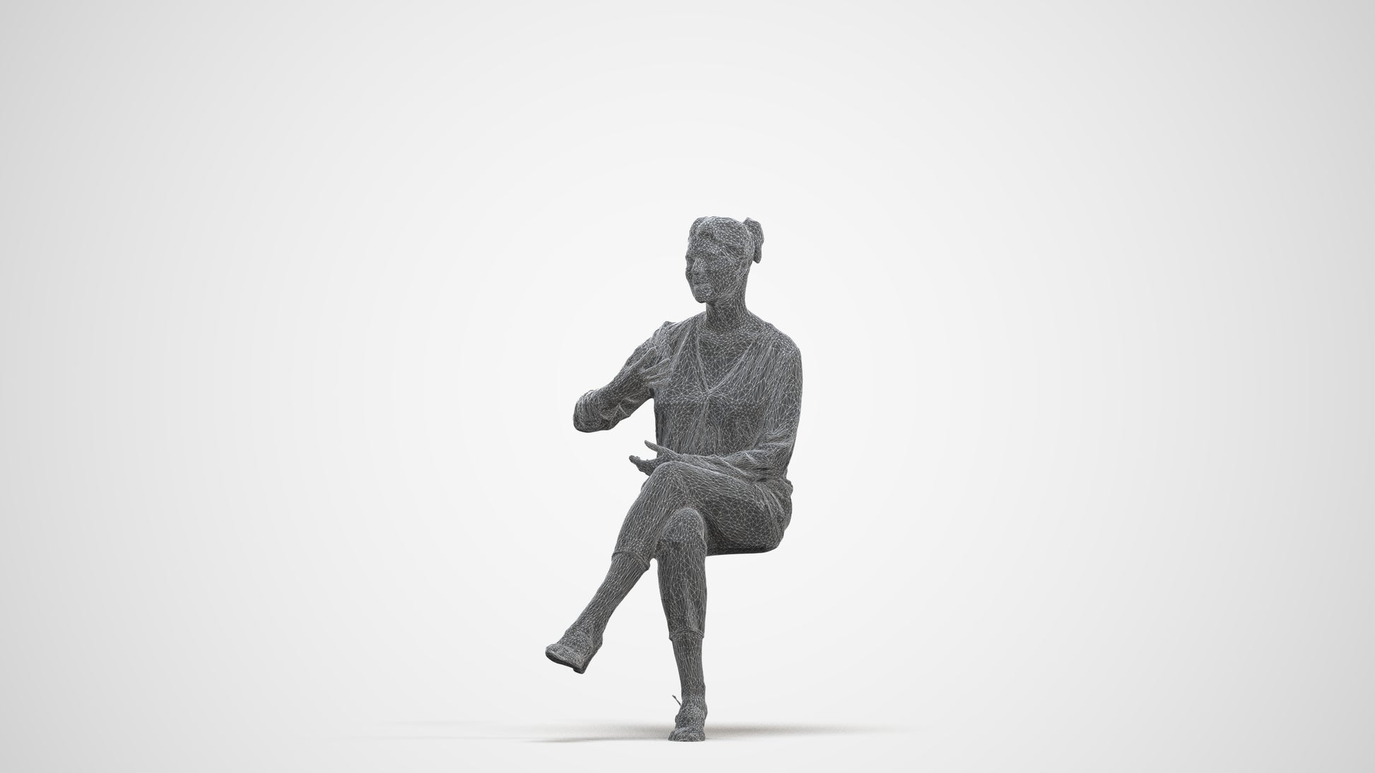 3D human model woman casual sitting, photogrammetry scanned person for archviz, three-quarter front view render