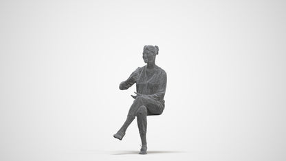 3D human model woman casual sitting, photogrammetry scanned person for archviz, three-quarter front view render