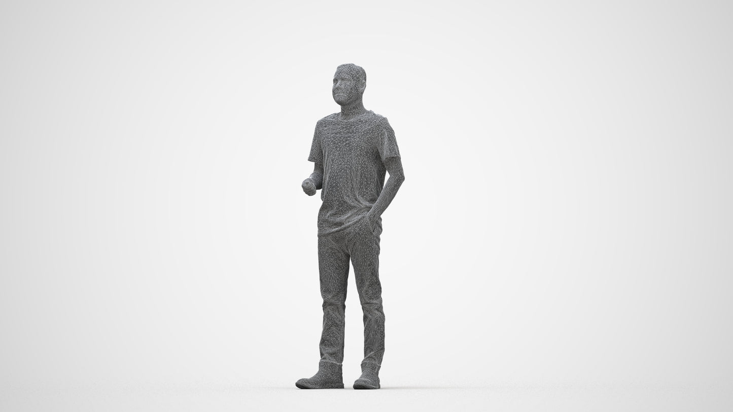 3D scanned man standing casual, photorealistic archviz people for Enscape and SketchUp, wireframe back view