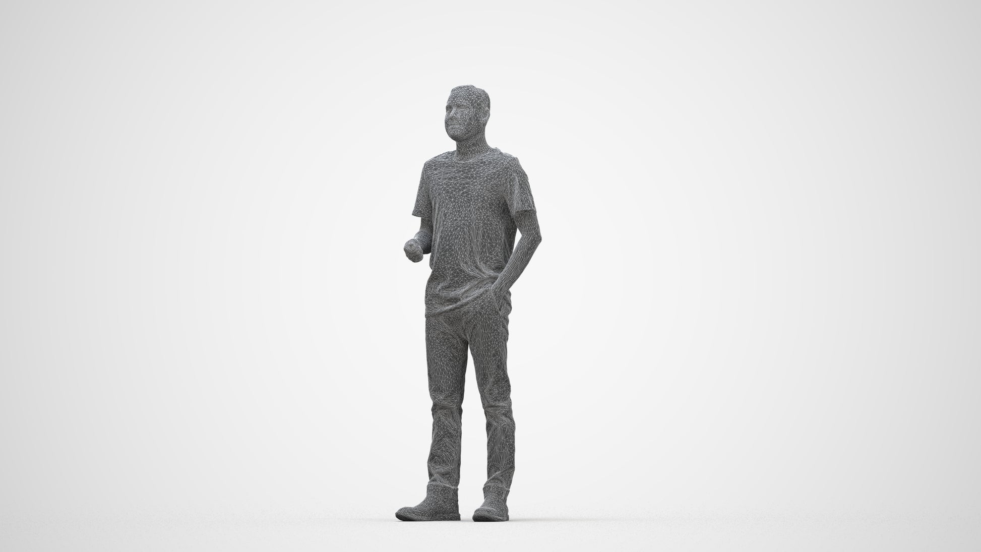 3D scanned man standing casual, photorealistic archviz people for Enscape and SketchUp, wireframe back view