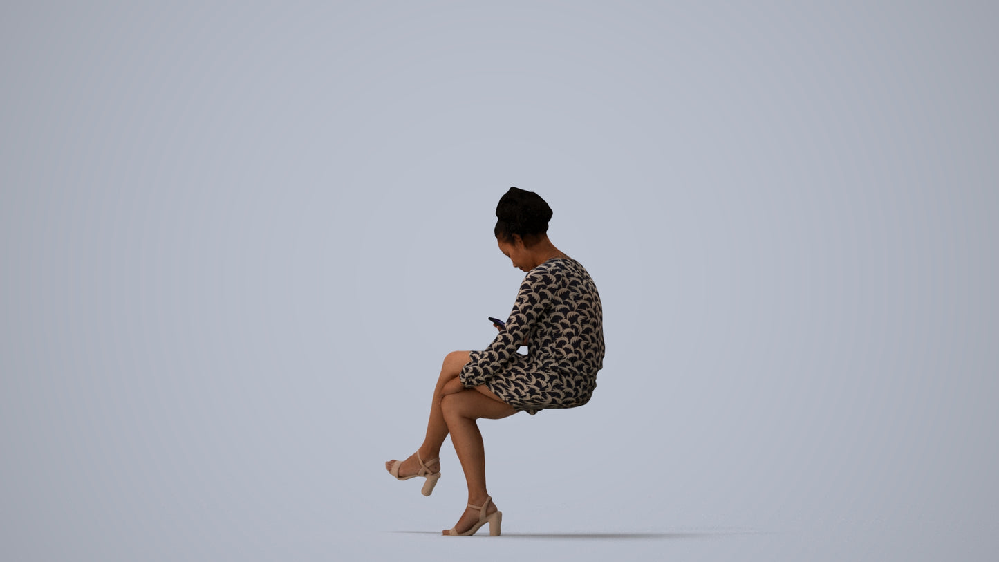 3D scanned woman sitting casual, photorealistic archviz people for Enscape and SketchUp, three-quarter view render