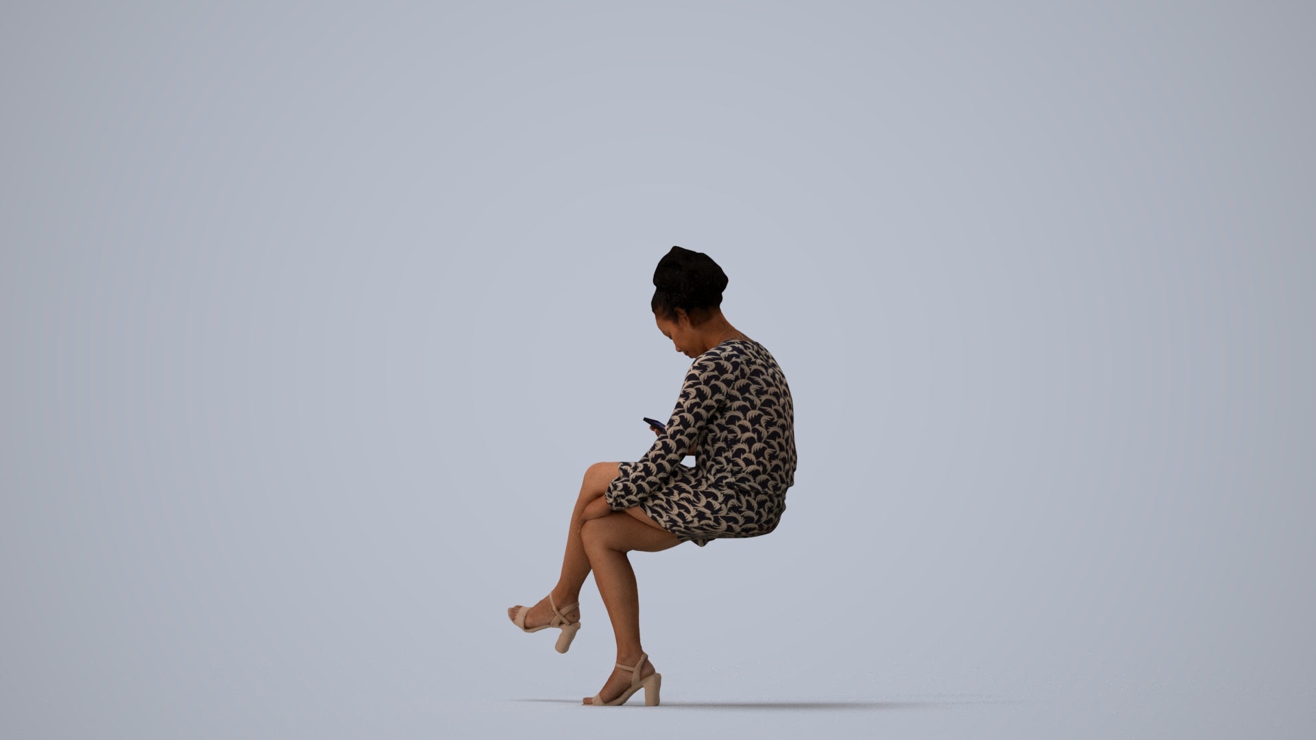 3D scanned woman sitting casual, photorealistic archviz people for Enscape and SketchUp, three-quarter view render