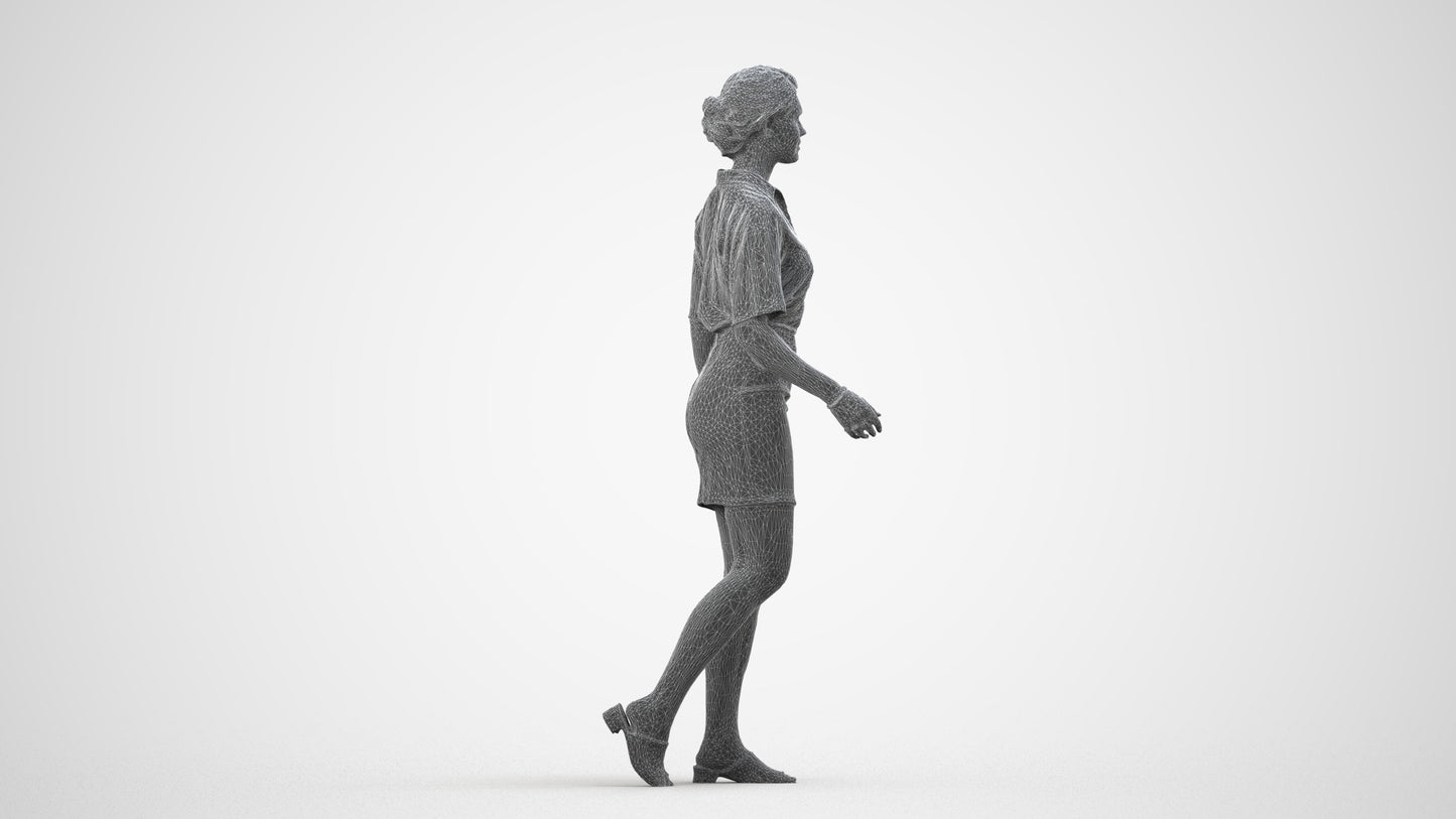 photogrammetry 3D woman casual walking, realistic human model archviz FBX, wireframe side view
