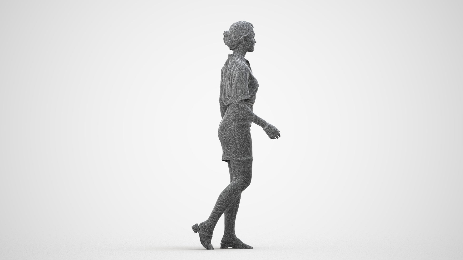 photogrammetry 3D woman casual walking, realistic human model archviz FBX, wireframe side view