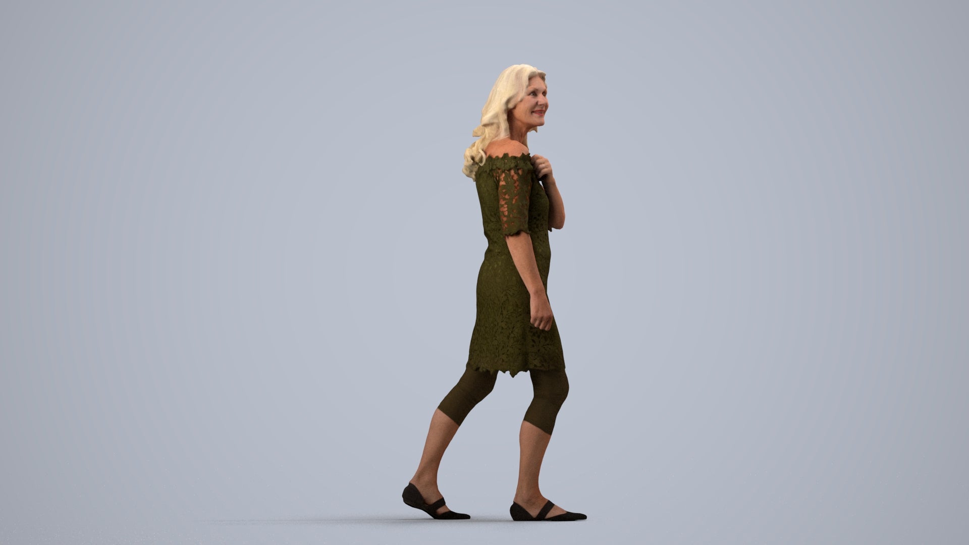 3D scanned senior woman business casual, photorealistic archviz people for Enscape and SketchUp, side view render