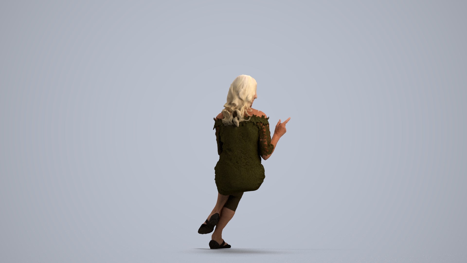 3D human model senior woman casual sitting, photogrammetry scanned person for archviz, front view render