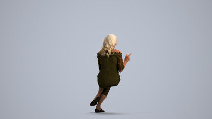 3D human model senior woman casual sitting, photogrammetry scanned person for archviz, front view render