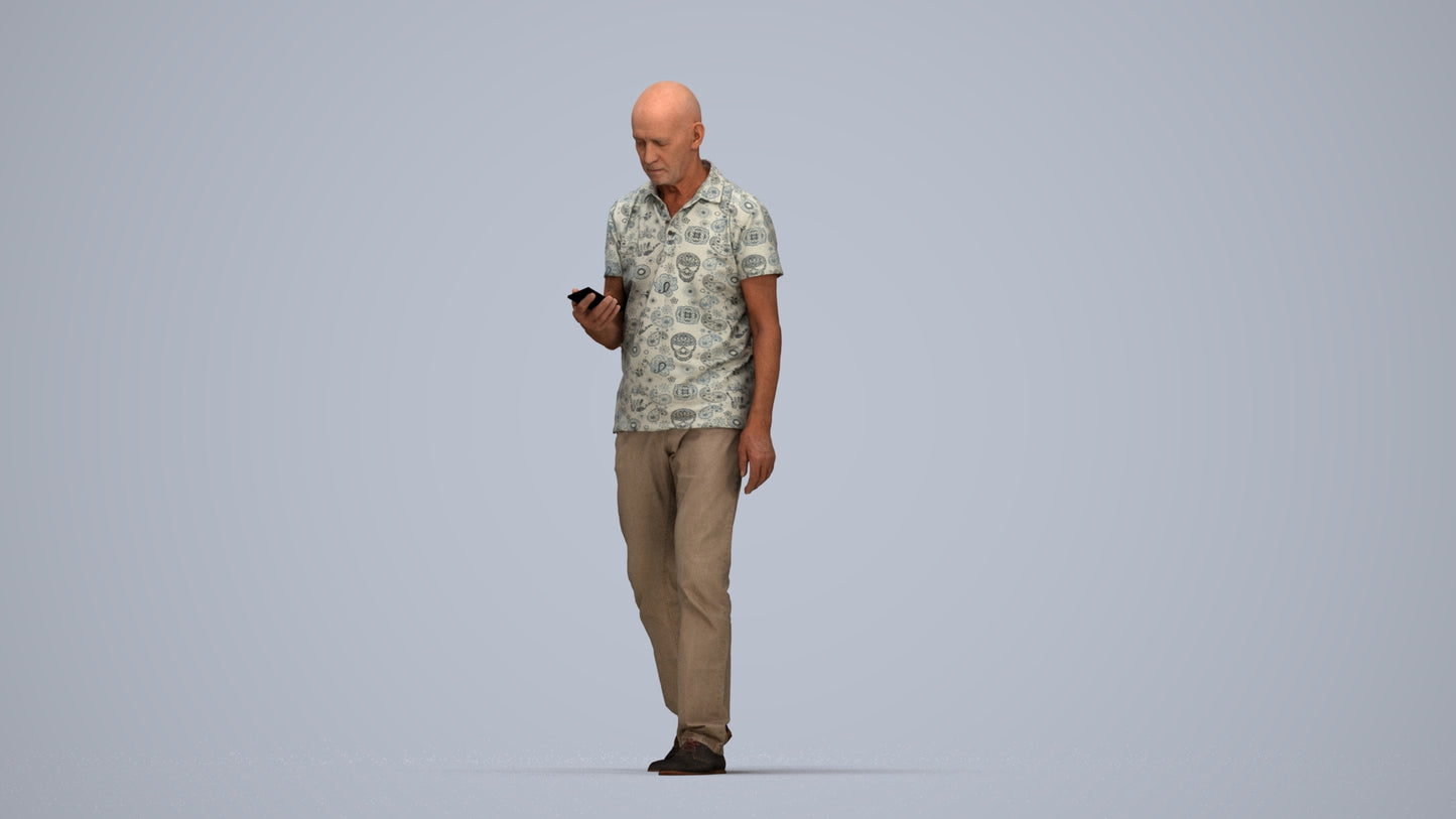 realistic 3D people senior man casual walking, render-ready for V-Ray and Corona, FBX OBJ, top-down view render