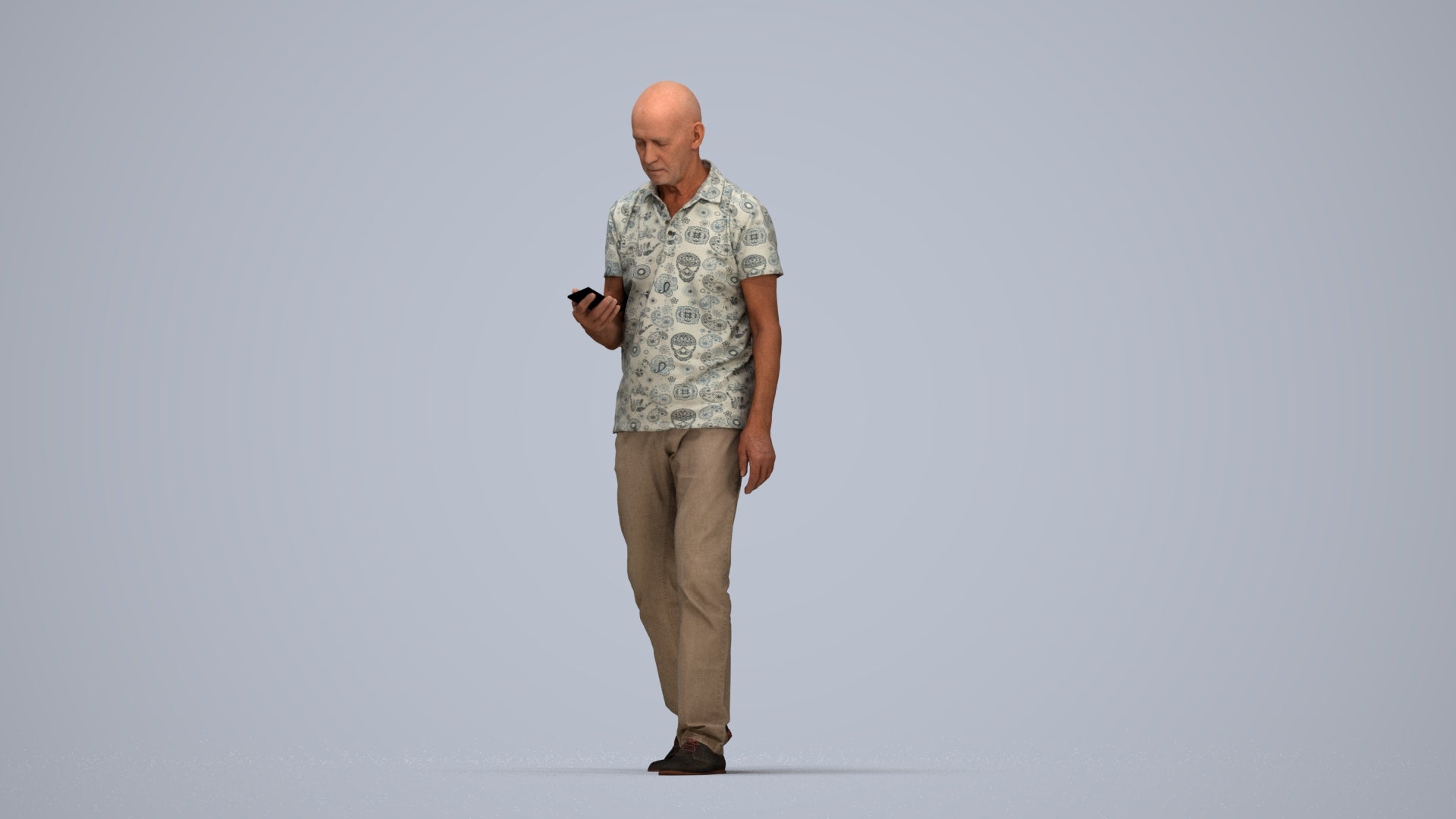realistic 3D people senior man casual walking, render-ready for V-Ray and Corona, FBX OBJ, top-down view render