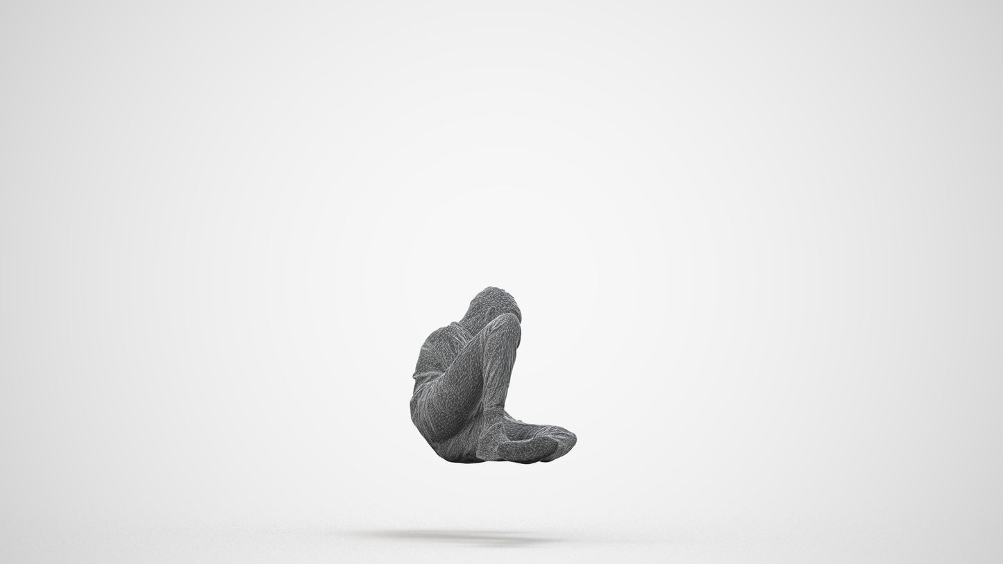 photogrammetry 3D man casual sitting, realistic human model archviz FBX, wireframe side view