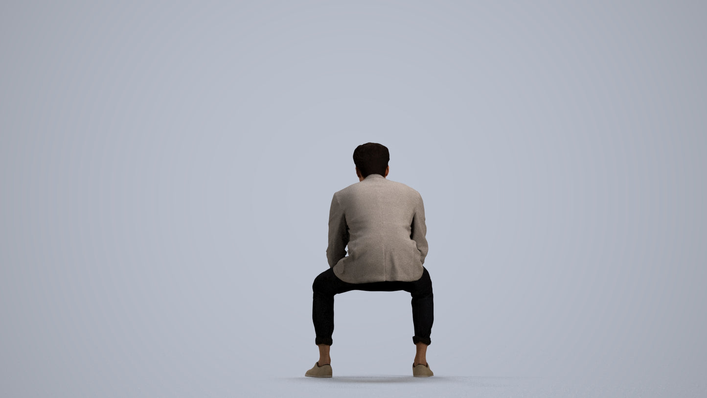 photogrammetry 3D man business sitting, realistic human model archviz FBX, front view render