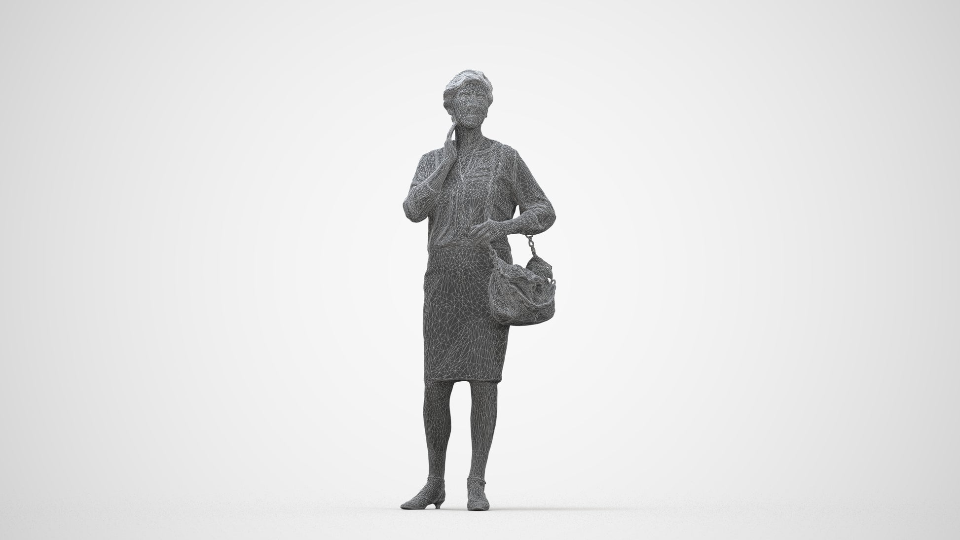 realistic 3D human senior woman business standing, archviz people FBX OBJ for Blender, wireframe back view