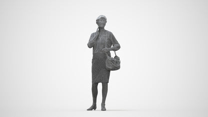 realistic 3D human senior woman business standing, archviz people FBX OBJ for Blender, wireframe back view