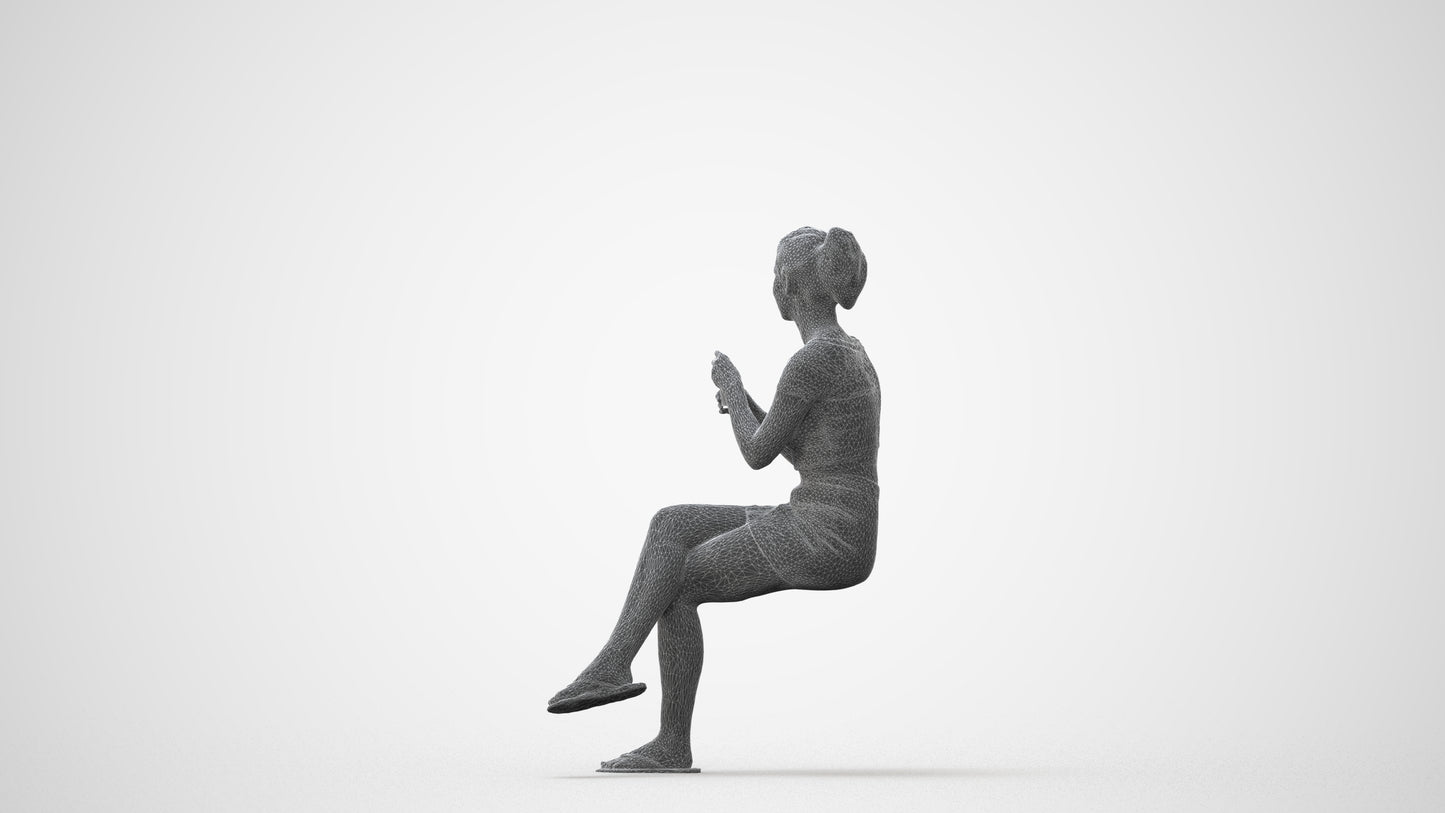 realistic 3D woman casual sitting, scanned archviz people for Blender and 3ds Max, square thumbnail
