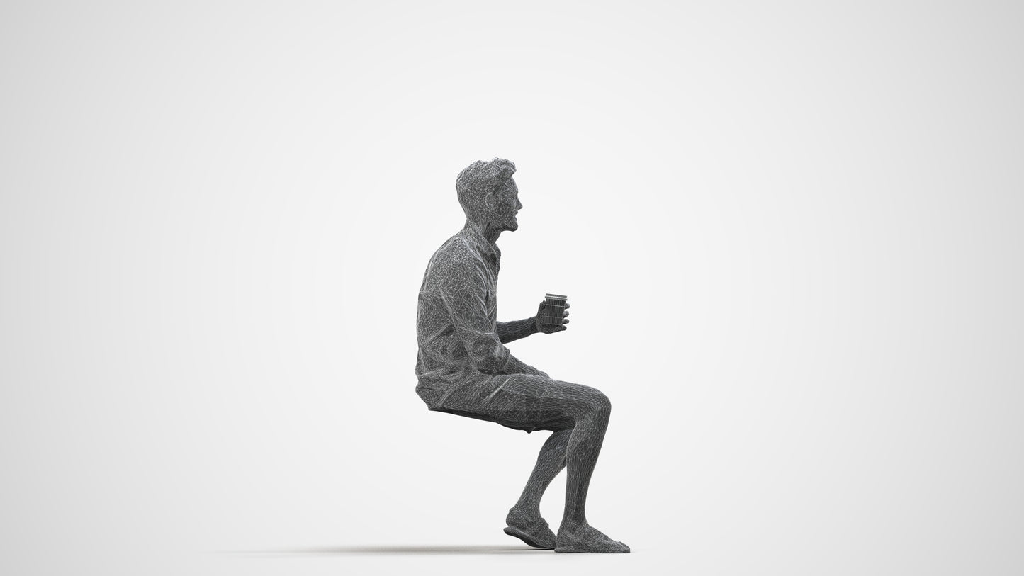 photogrammetry 3D man casual sitting, realistic human model archviz FBX, wireframe side view