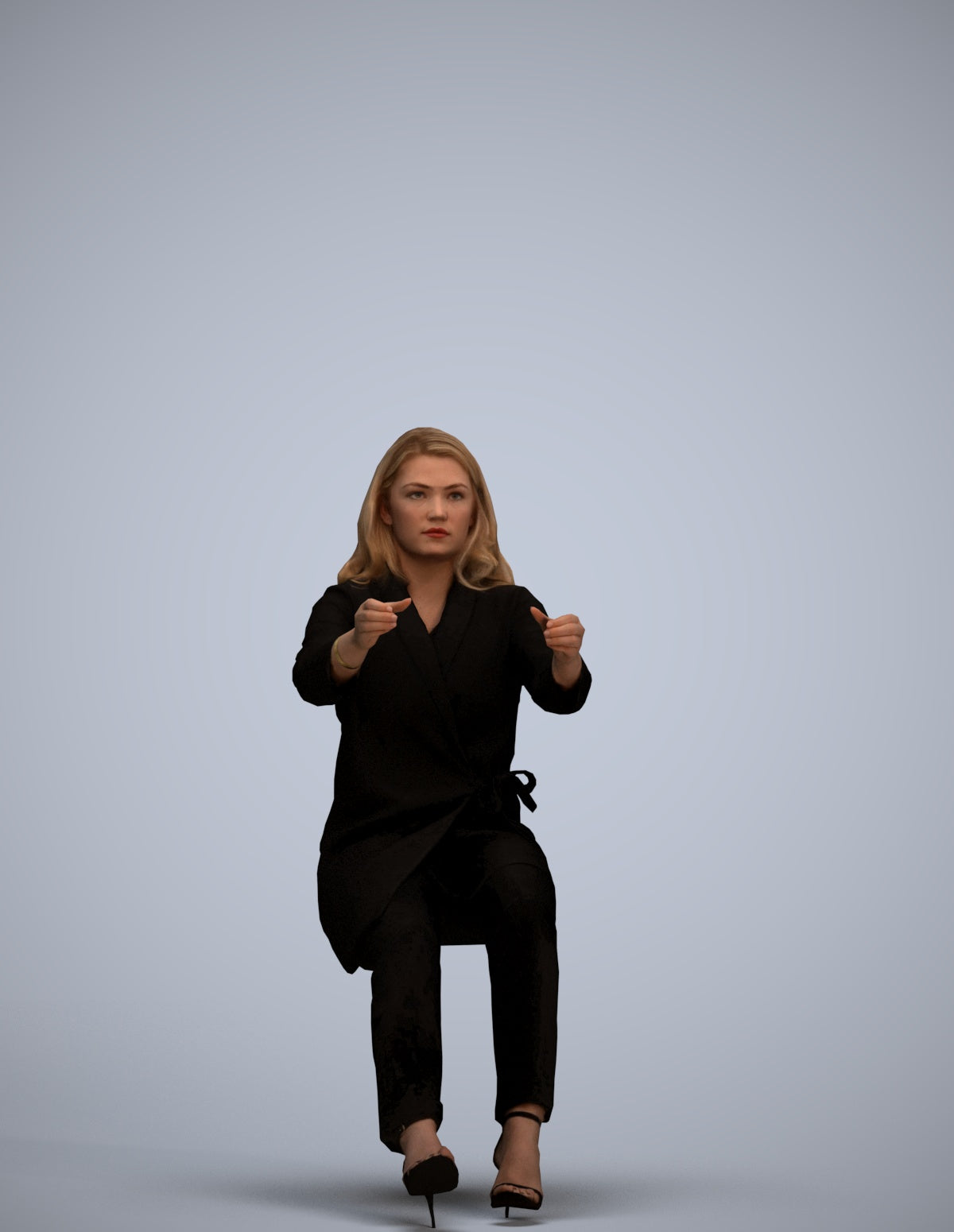 3D human model woman business sitting, photogrammetry scanned person for archviz