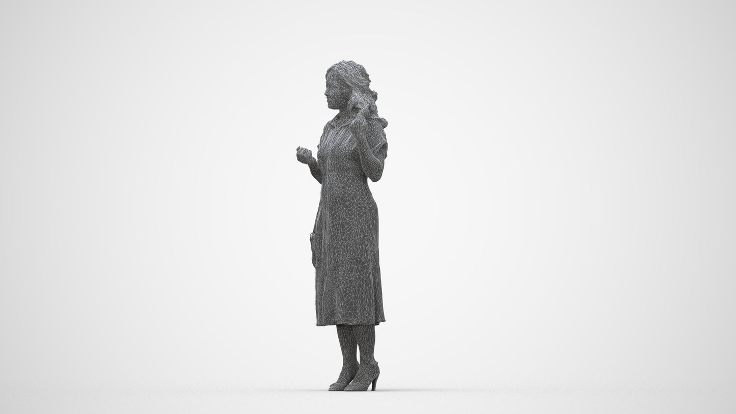 3D human model woman casual standing, photogrammetry scanned person for archviz, wireframe back view