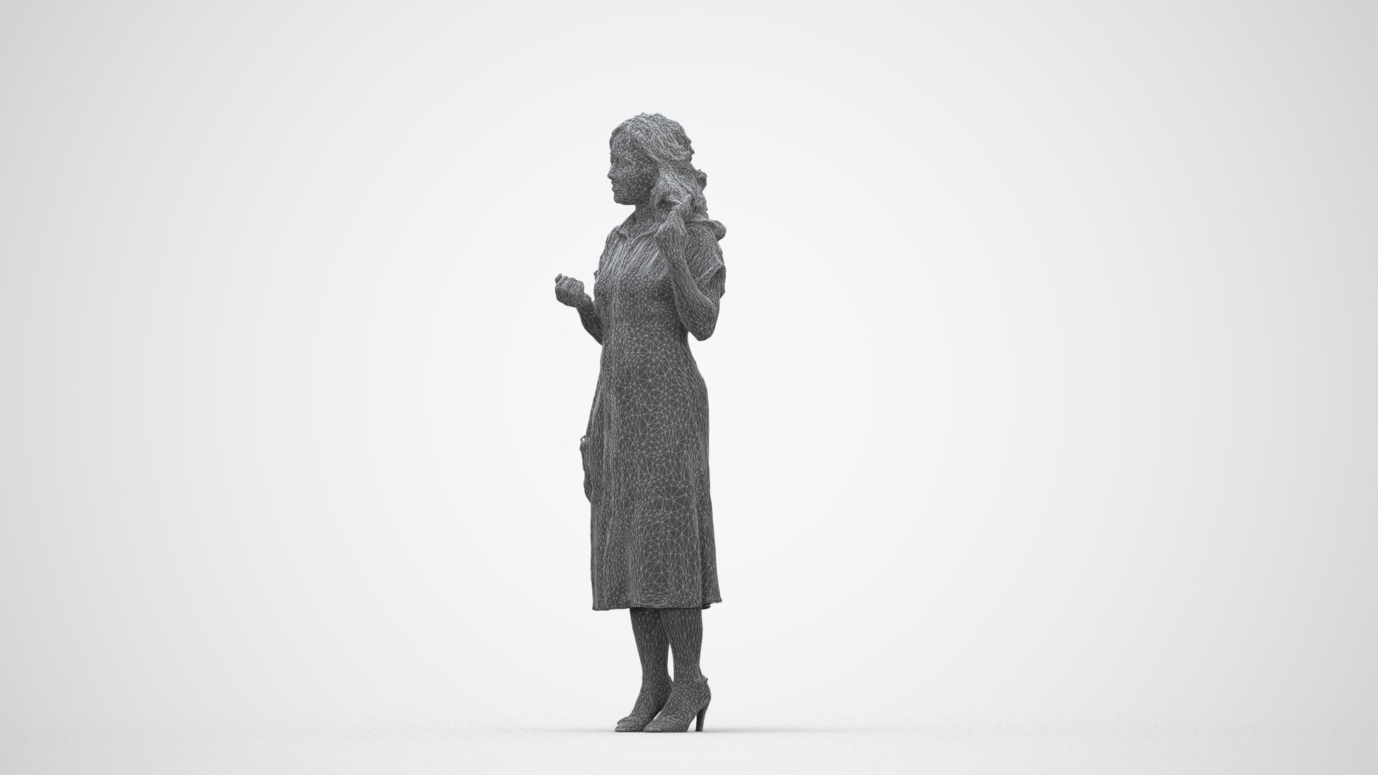 3D human model woman casual standing, photogrammetry scanned person for archviz, wireframe back view