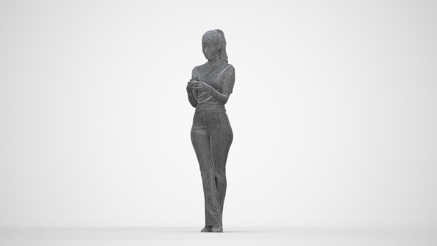 scanned 3D woman casual standing, photogrammetry people for Enscape and V-Ray, wireframe back view