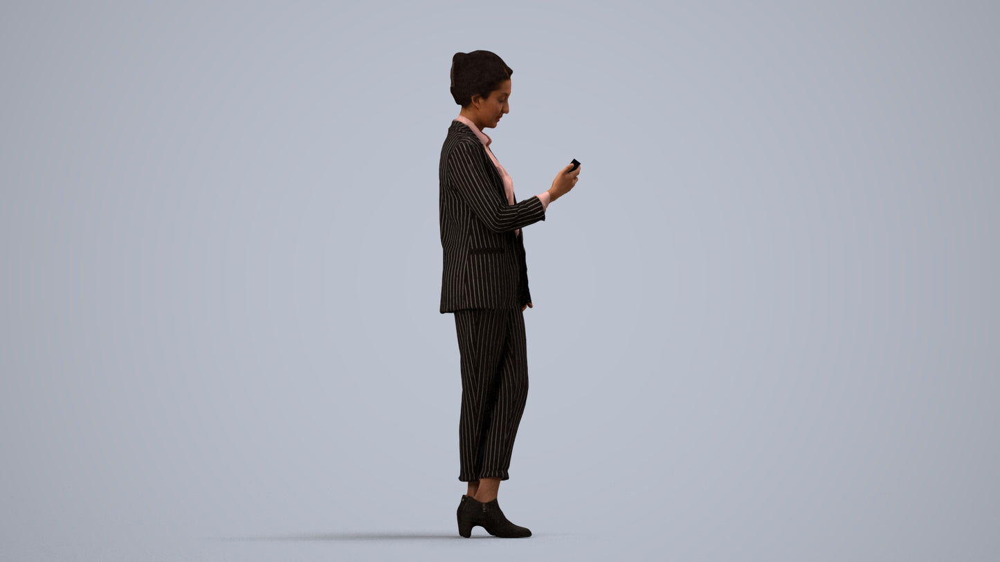 3D human model woman business, photogrammetry scanned person for archviz, side view render