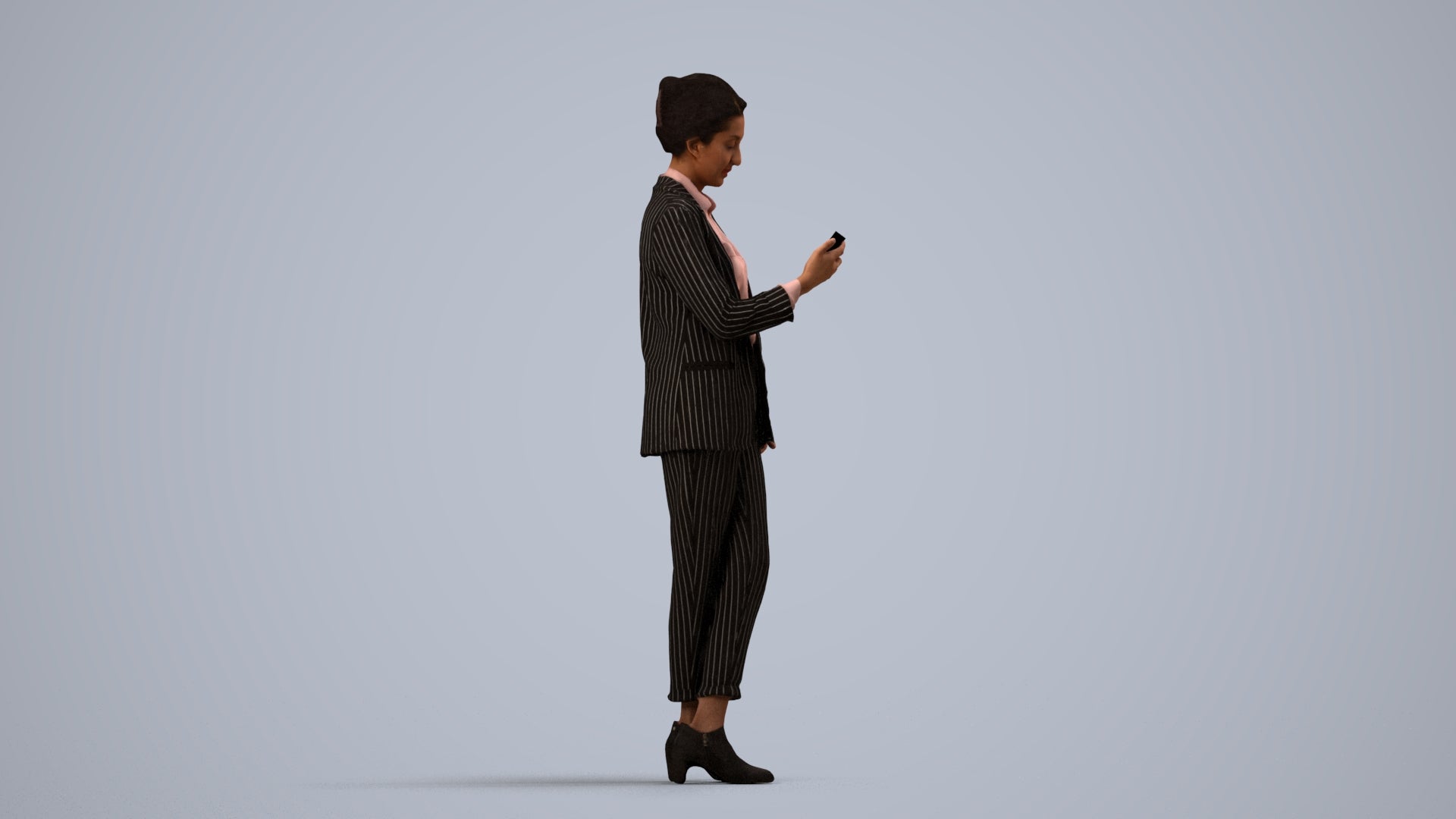 3D human model woman business, photogrammetry scanned person for archviz, side view render