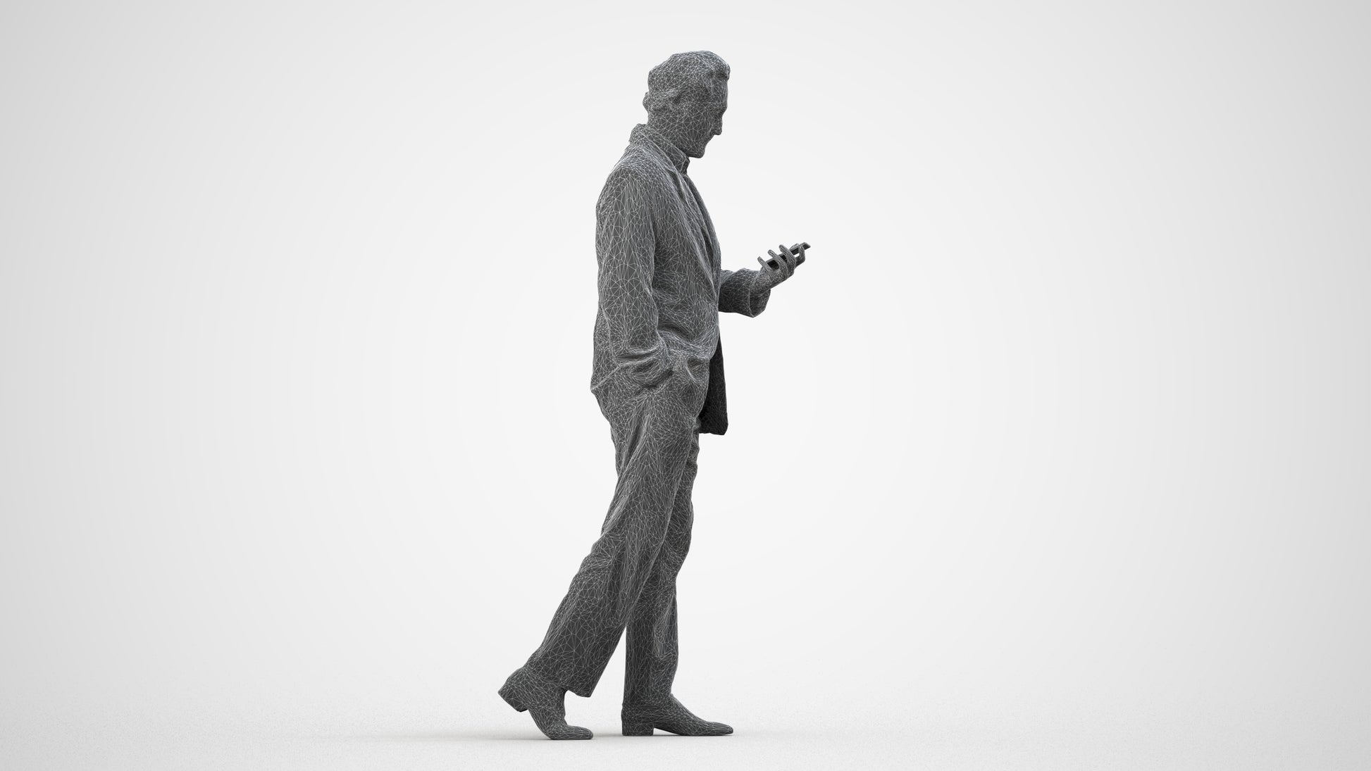 3D scanned man standing business, photorealistic archviz people for Enscape and SketchUp, wireframe side view